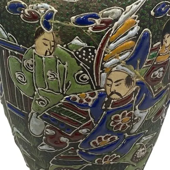 Vintage Ceramic Asian Couple Painted Mosaic Double Handle Crack Repair Vase - Picture 3 of 4
